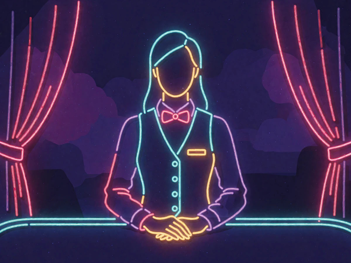 Neonowa ilustracja krupiera kasyna live przy stole między kurtynami sceny - stoły na żywo w Wyns Casino