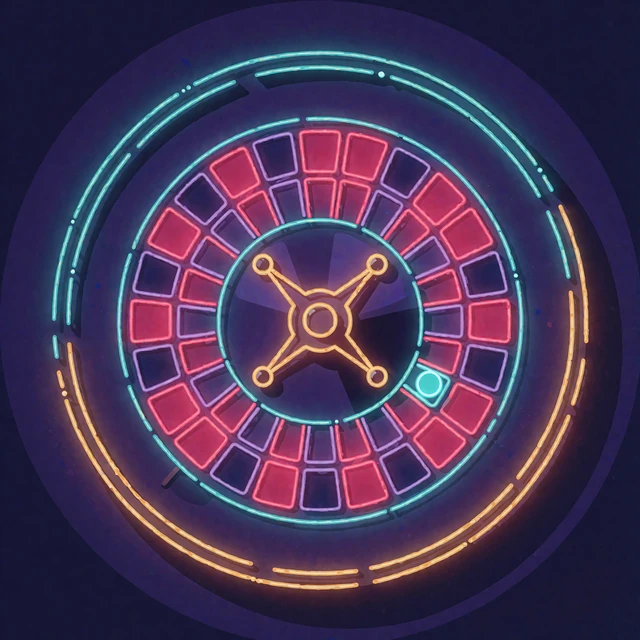 Neonowe koło ruletki widziane z g&oacute;ry z kulką w polu - ruletka live z krupierem w kasynie Wyns Casino