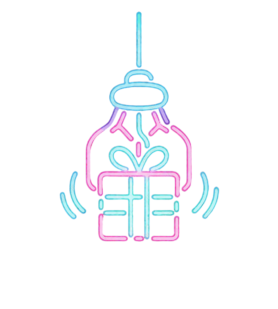 Neonowy chwytak claw-maszyny trzymający prezent - symbol mechaniki Bonus Crab w Wyns Casino