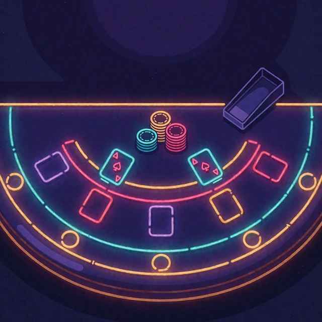 Neonowy p&oacute;łokrągły st&oacute;ł do blackjacka z kartami i żetonami - blackjack live w kasynie online Wyns Casino