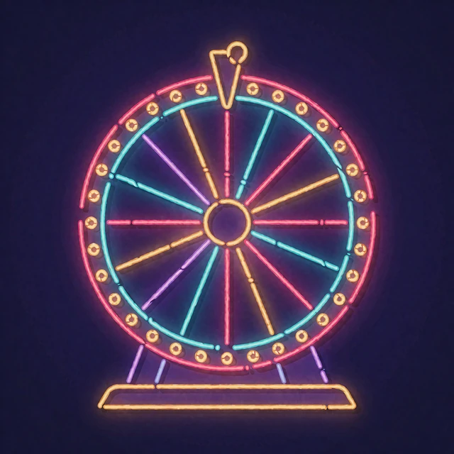 Neonowe koło fortuny w stylu teleturnieju z żar&oacute;wkami wok&oacute;ł obręczy - game shows live w Wyns Casino